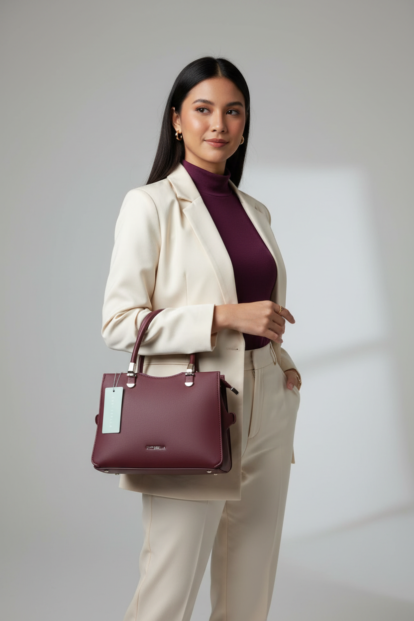 Chrisbella mini burgundy wine luxury handbag with adjustable sling and matching pouch for women in UAE