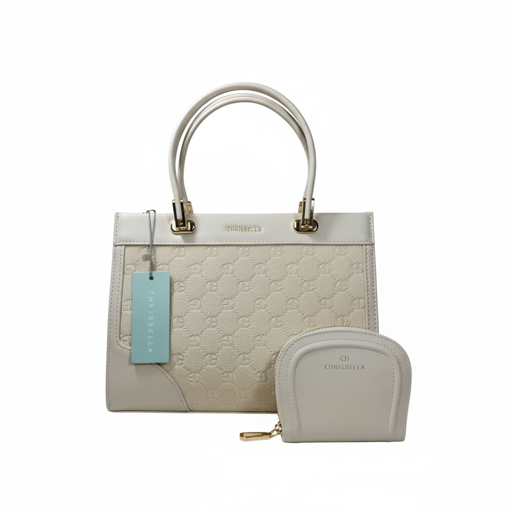 Chrisbella 2-in-1 white luxury handbag with top handles and matching zip wallet – women’s designer bag UAE