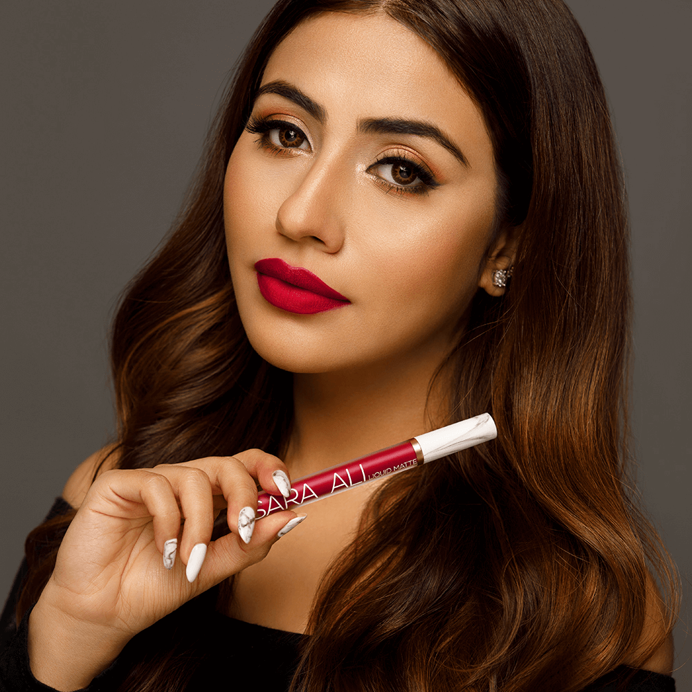 Sara Ali Cosmetics Scorpio plum red lipstick