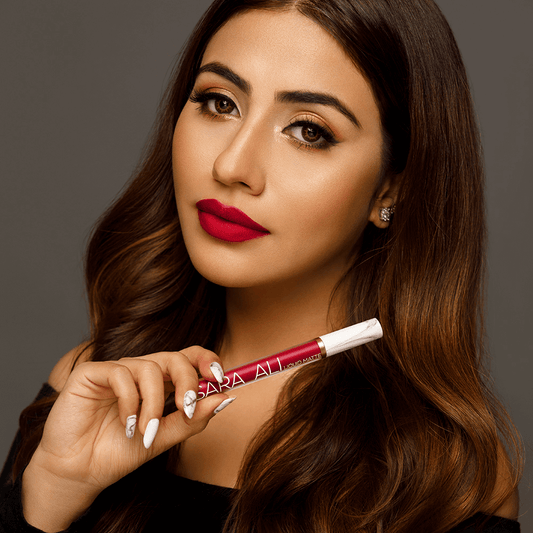Sara Ali Cosmetics Scorpio plum red lipstick
