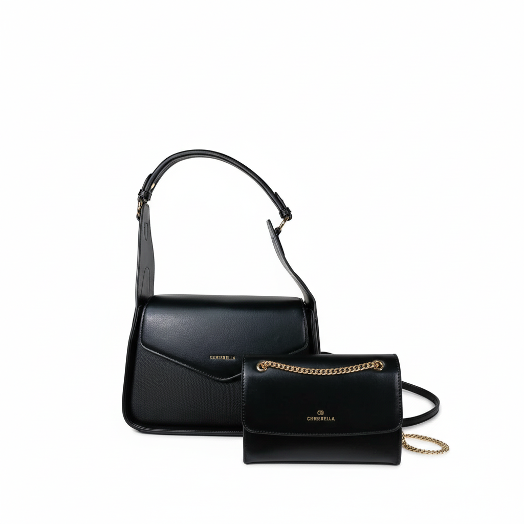 Chrisbella black luxury shoulder bag with envelope flap and matching wallet for women in UAE