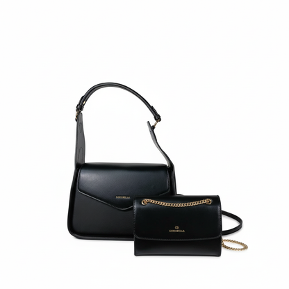 Chrisbella black luxury shoulder bag with envelope flap and matching wallet for women in UAE