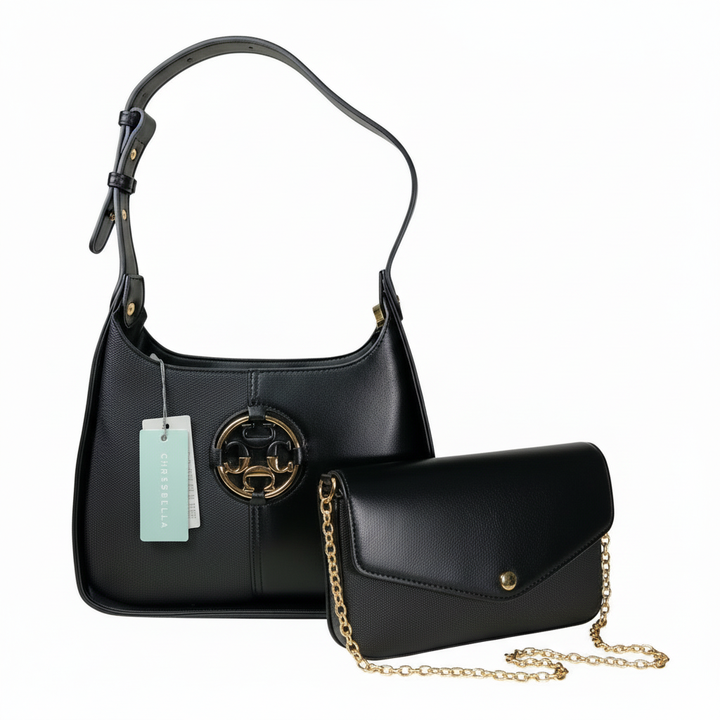 Chrisbella black luxury shoulder bag with gold hardware and matching wallet for women in UAE