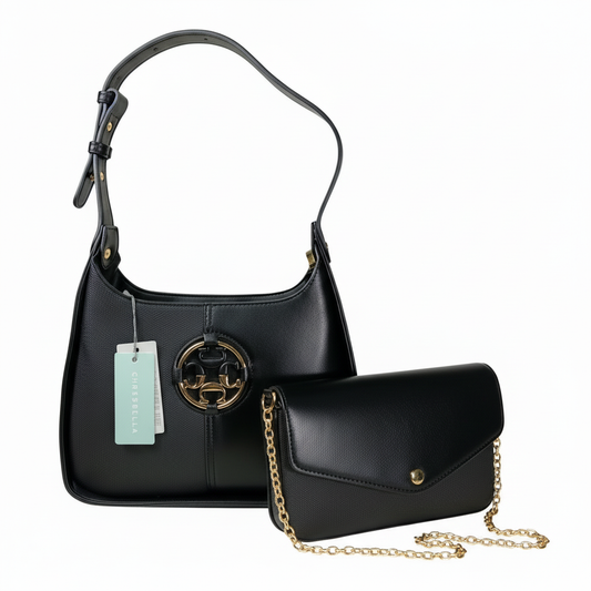 Chrisbella black luxury shoulder bag with gold hardware and matching wallet for women in UAE