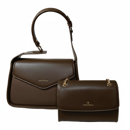 Chrisbella brown luxury shoulder bag with envelope flap and matching wallet