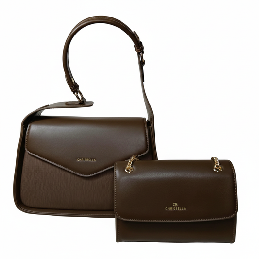 Chrisbella brown luxury shoulder bag with envelope flap and matching wallet
