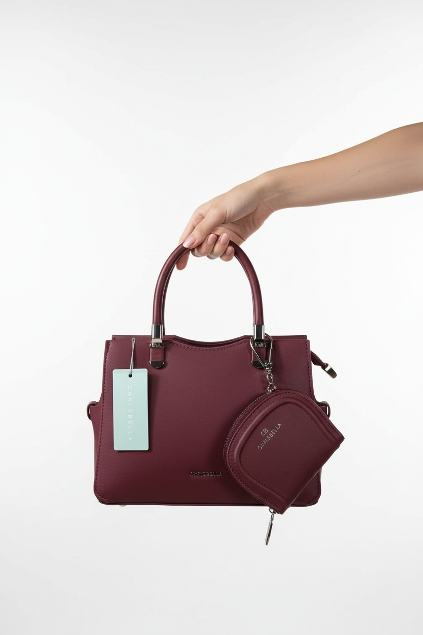 Chrisbella mini burgundy wine luxury handbag with adjustable sling and matching pouch for women in UAE