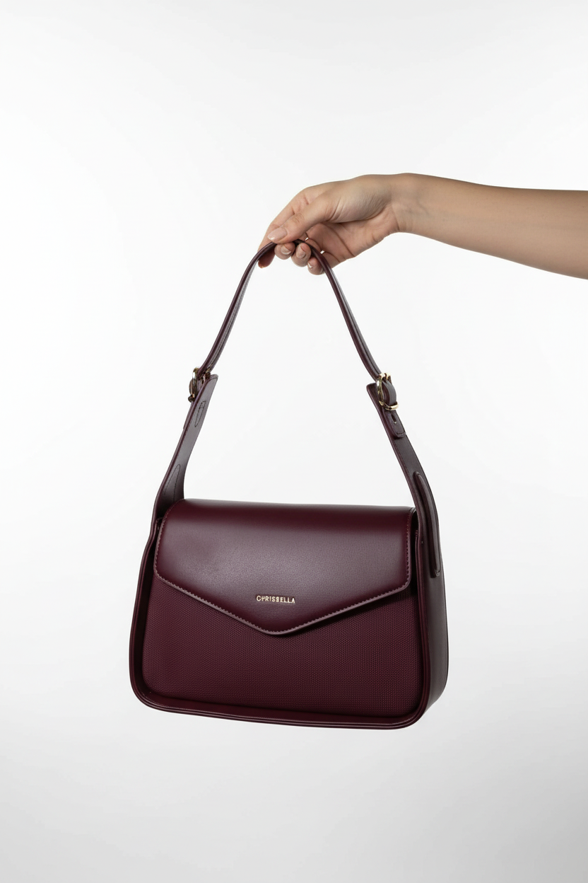 Chrisbella burgundy wine luxury shoulder bag with envelope flap and matching wallet for women in UAE