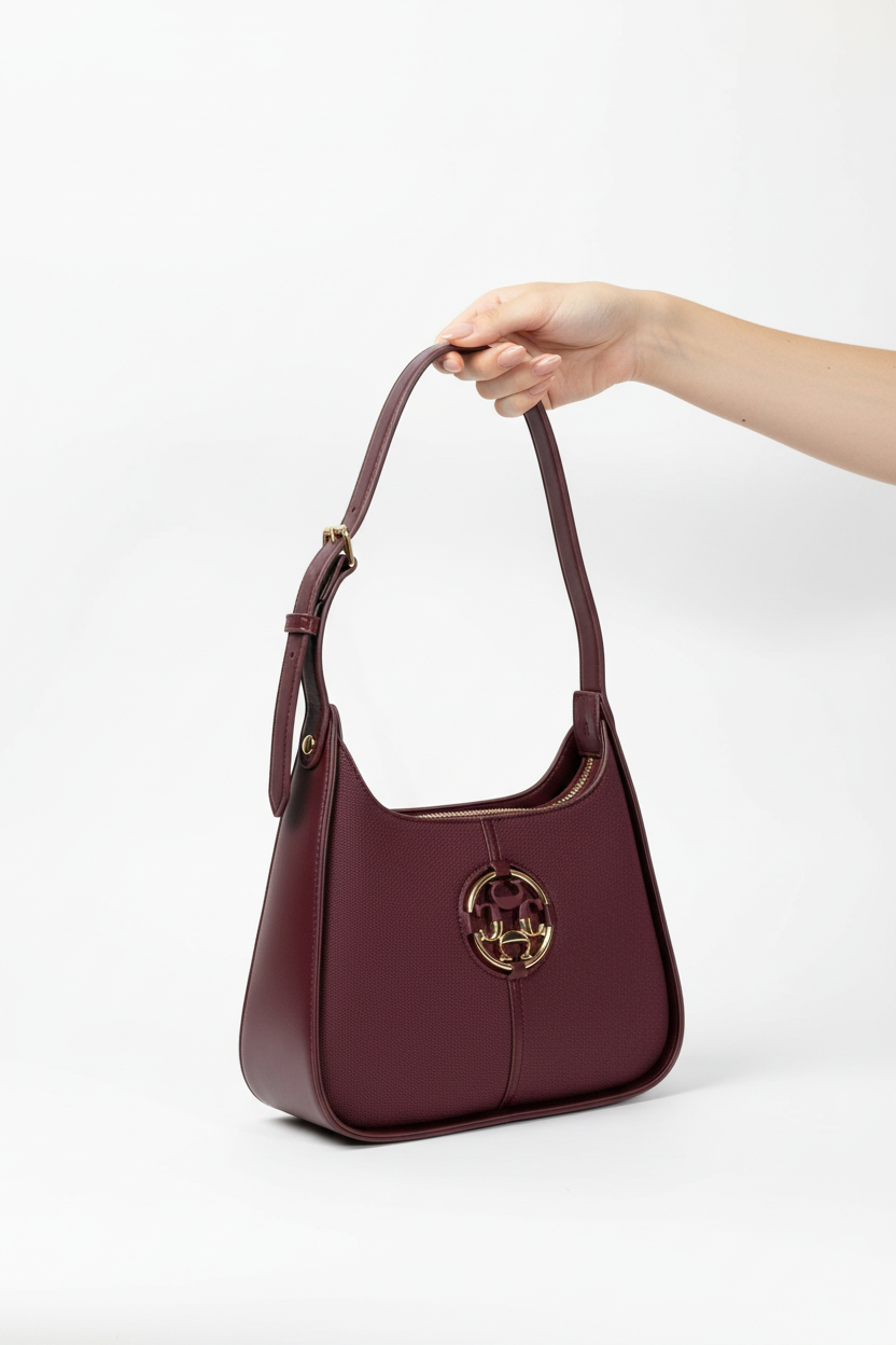Chrisbella burgundy wine luxury shoulder bag with gold hardware and matching wallet for women in UAE