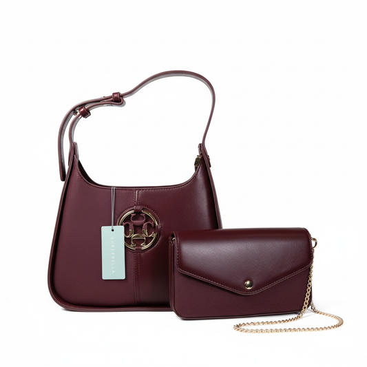 Chrisbella burgundy wine luxury shoulder bag with gold hardware and matching wallet for women in UAE
