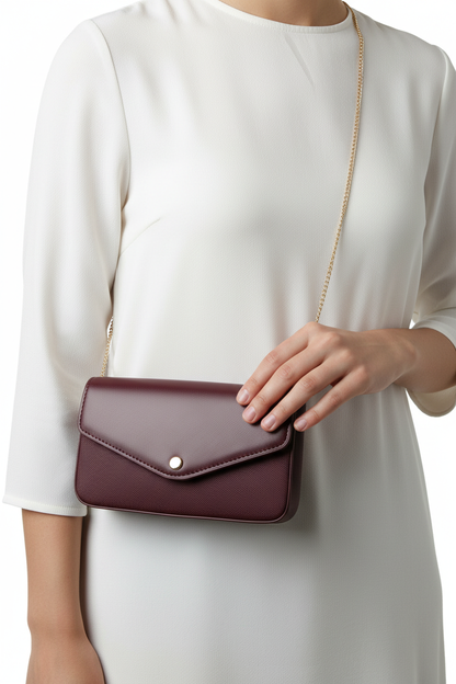 Chrisbella burgundy wine luxury shoulder bag with gold hardware and matching wallet for women in UAE