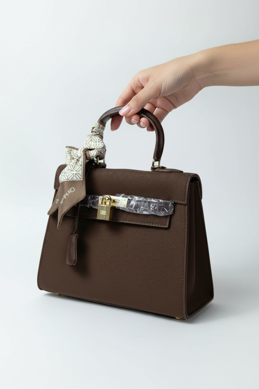 Chrisbella dark brown luxury handbag with gold lock hardware and decorative scarf for women in UAE