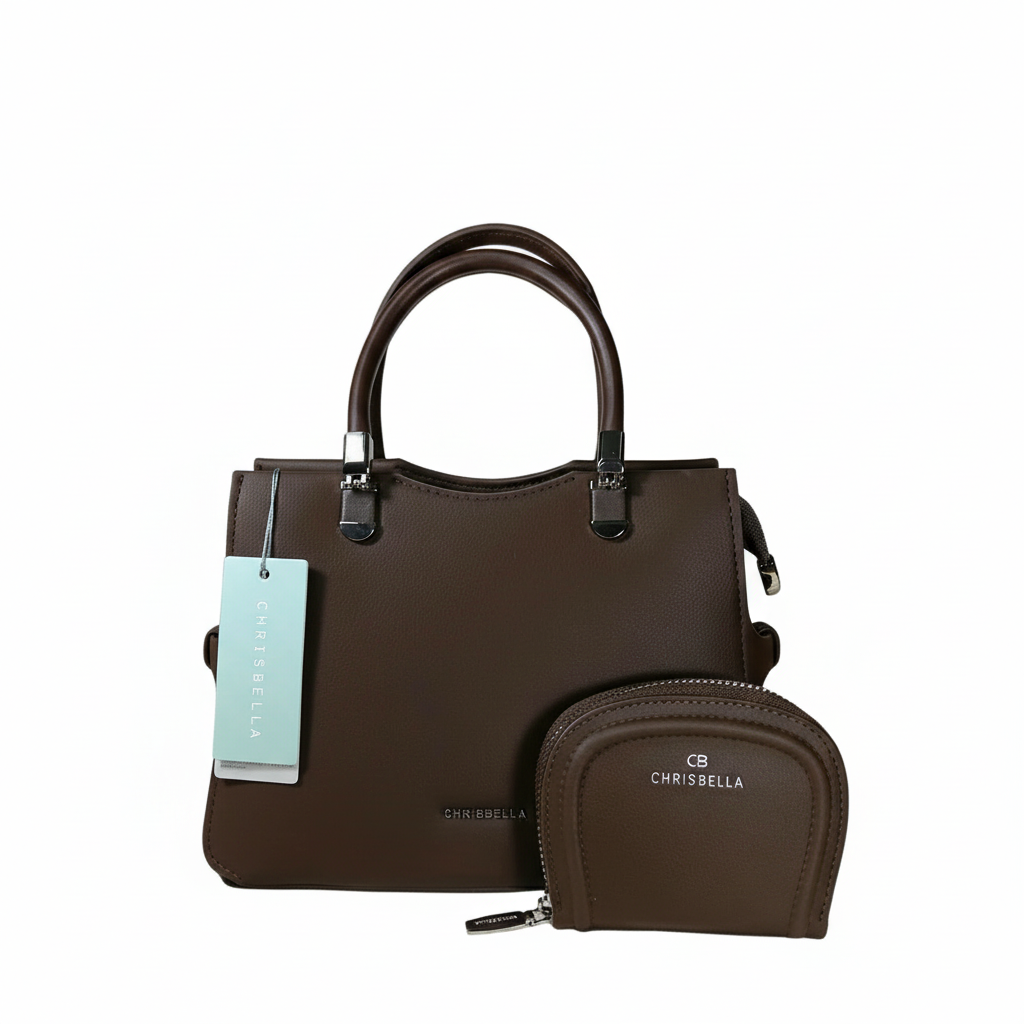 Chrisbella mini dark brown luxury handbag with adjustable sling and matching pouch for women in UAE