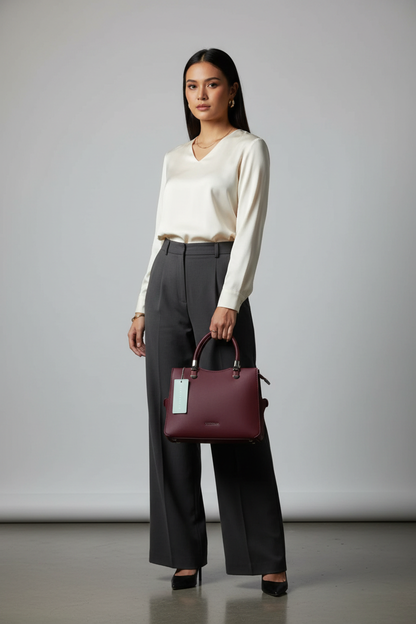 Chrisbella mini burgundy wine luxury handbag with adjustable sling and matching pouch for women in UAE