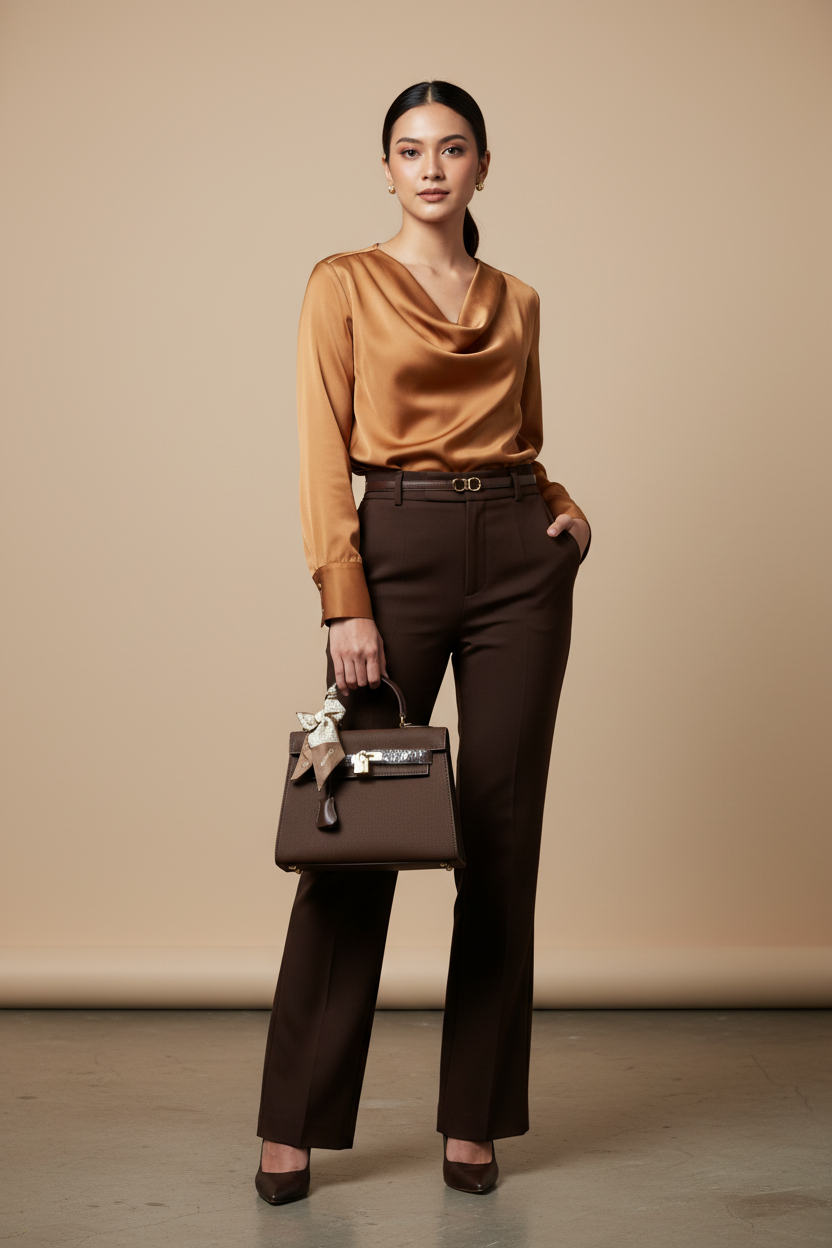 Chrisbella dark brown luxury handbag with gold lock hardware and decorative scarf for women in UAE