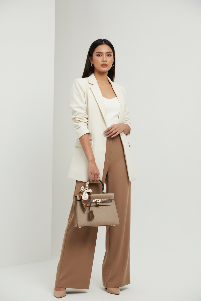 Chrisbella khaki luxury handbag with silver lock hardware and decorative scarf for women in UAE