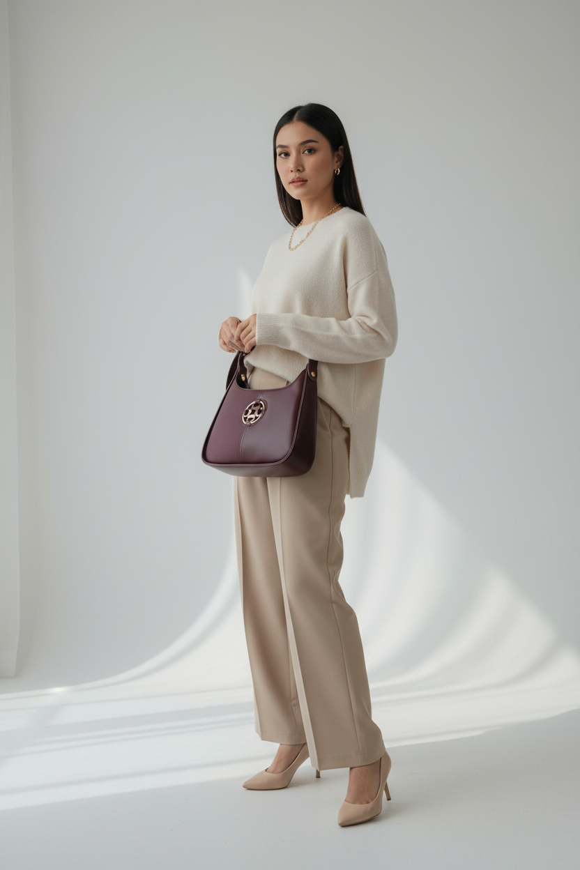 Chrisbella burgundy wine luxury shoulder bag with gold hardware and matching wallet for women in UAE