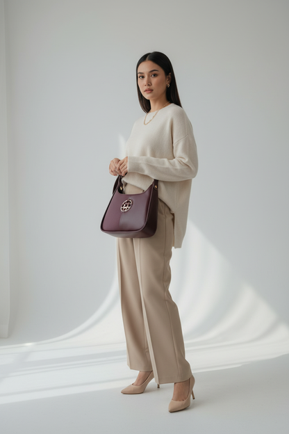 Chrisbella burgundy wine luxury shoulder bag with gold hardware and matching wallet for women in UAE