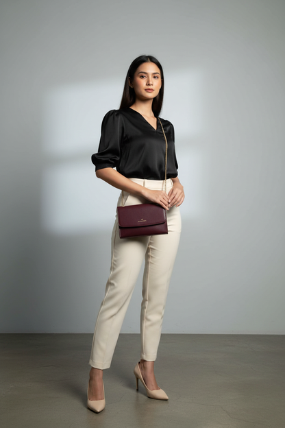 Chrisbella burgundy wine luxury shoulder bag with envelope flap and matching wallet for women in UAE