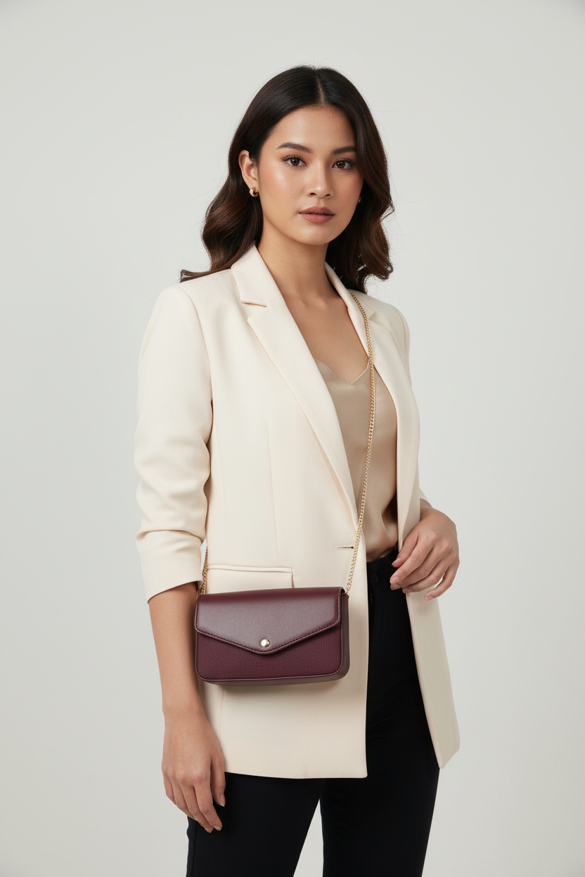 Chrisbella burgundy wine luxury shoulder bag with gold hardware and matching wallet for women in UAE