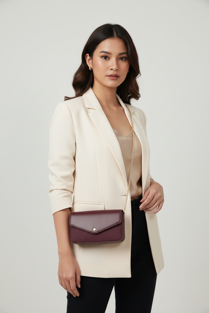 Chrisbella burgundy wine luxury shoulder bag with gold hardware and matching wallet for women in UAE