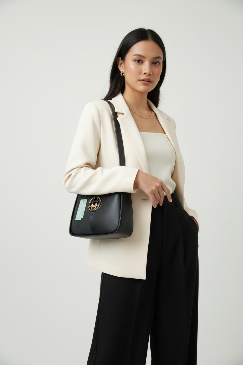 Chrisbella black luxury shoulder bag with gold hardware and matching wallet for women in UAE