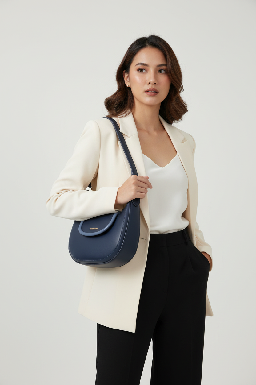 Chrisbella navy blue luxury hobo bag set with mini bag and gold chain strap for women in UAE