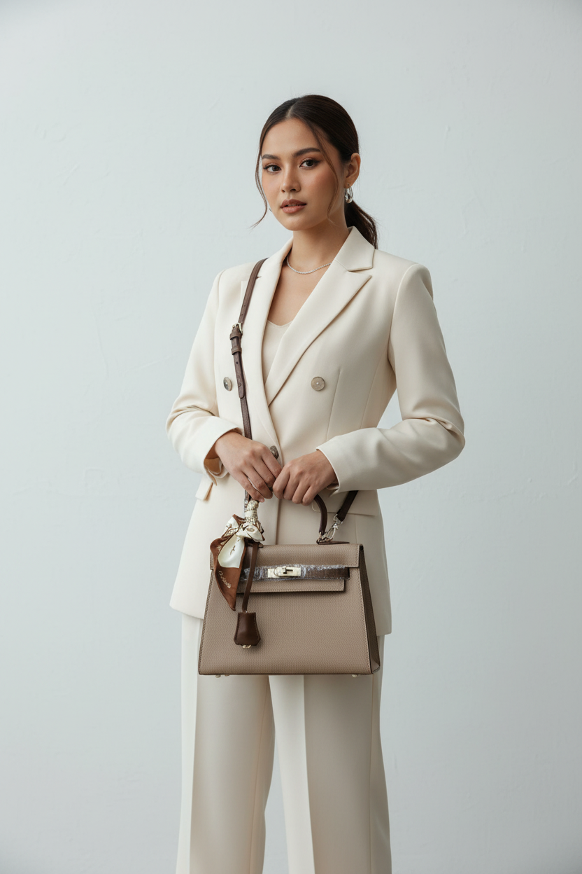 Chrisbella khaki luxury handbag with silver lock hardware and decorative scarf for women in UAE