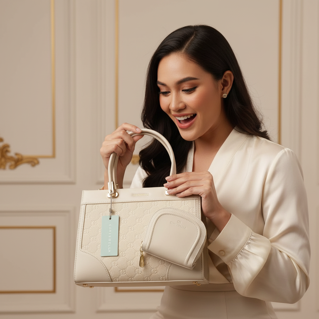 Chrisbella 2-in-1 white luxury handbag with top handles and matching zip wallet – women’s designer bag UAE