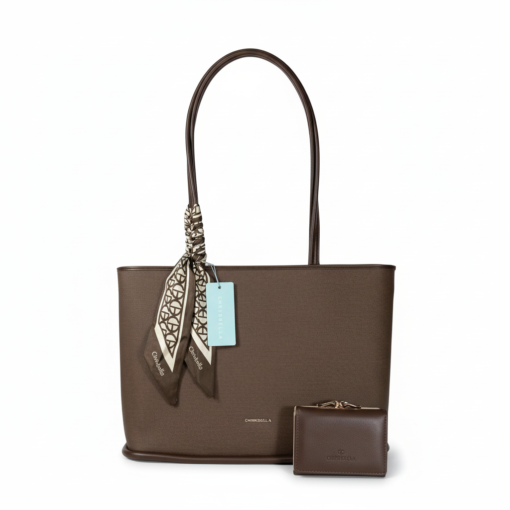 Chrisbella chocolate brown luxury tote bag with textured finish, scarf detail, detachable sling strap, and matching wallet – women’s designer shoulder bag UAE