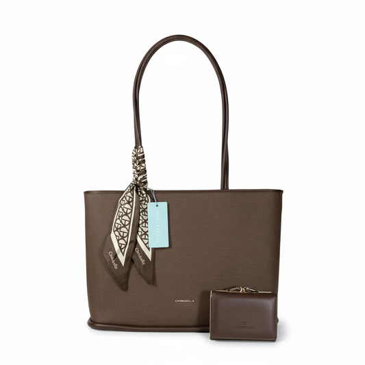 Chrisbella chocolate brown luxury tote bag with textured finish, scarf detail, detachable sling strap, and matching wallet – women’s designer shoulder bag UAE