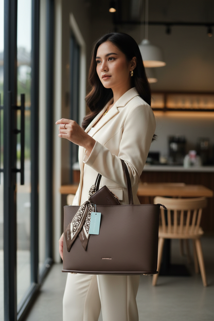 Chrisbella chocolate brown luxury tote bag with textured finish, scarf detail, detachable sling strap, and matching wallet – women’s designer shoulder bag UAE