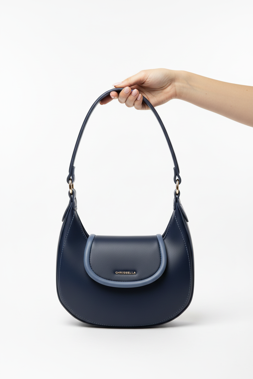 Chrisbella navy blue luxury hobo bag set with mini bag and gold chain strap for women in UAE