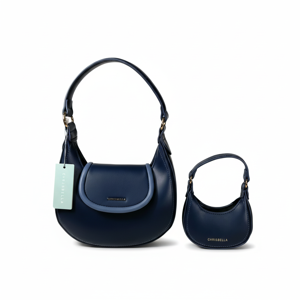 Chrisbella navy blue luxury hobo bag set with mini bag and gold chain strap for women in UAE