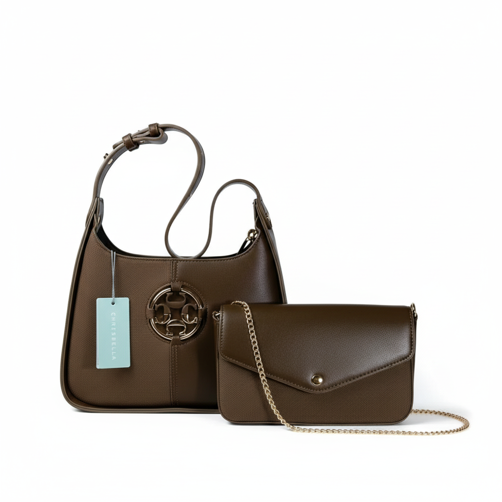 Olive brown Chrisbella shoulder bag set with gold chain on wallet