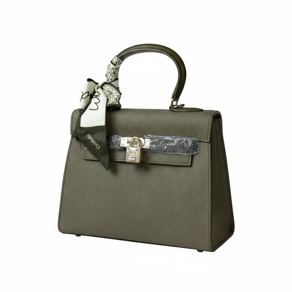 Chrisbella olive green luxury handbag with silver lock hardware and decorative scarf for women in UAE
