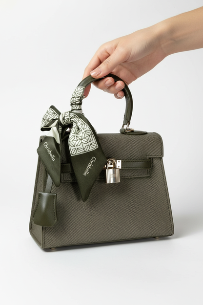 Chrisbella army green luxury structured handbag with scarf and lock for women in UAE