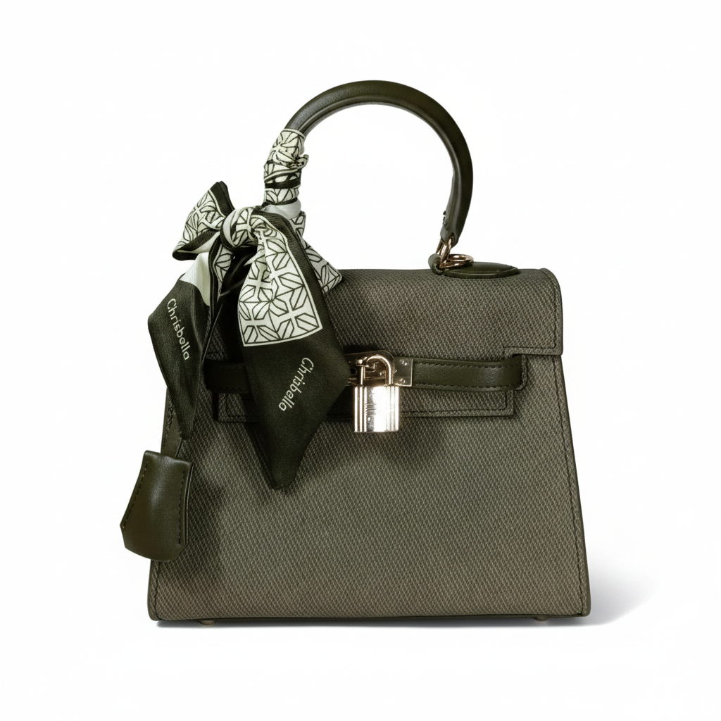 Chrisbella army green luxury structured handbag with scarf and lock for women in UAE