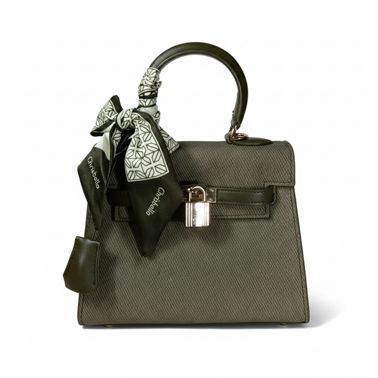Chrisbella army green luxury structured handbag with scarf and lock for women in UAE
