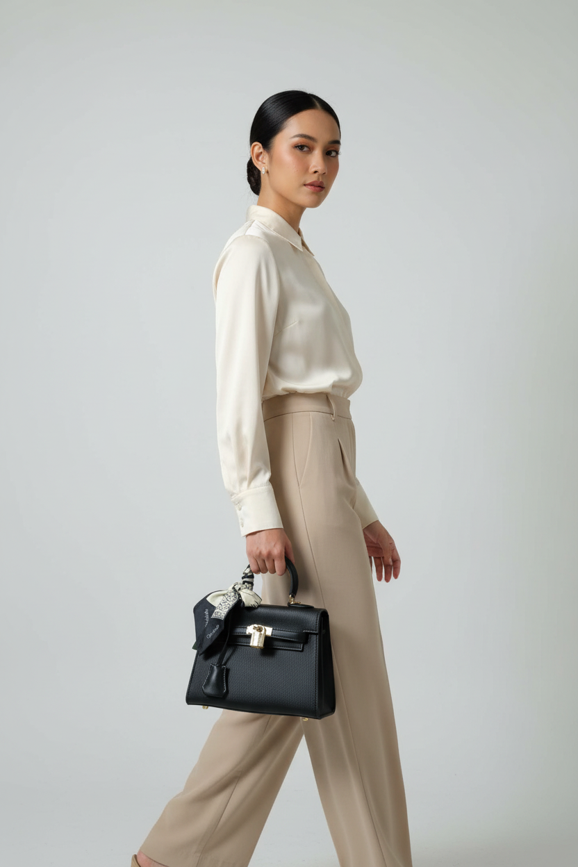 Side view of black handbag with gold lock hardware