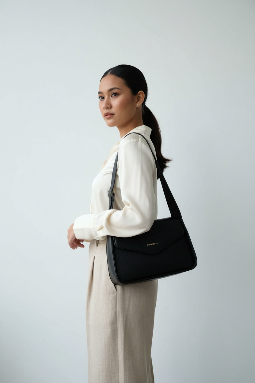 Chrisbella black luxury shoulder bag with envelope flap and matching wallet for women in UAE