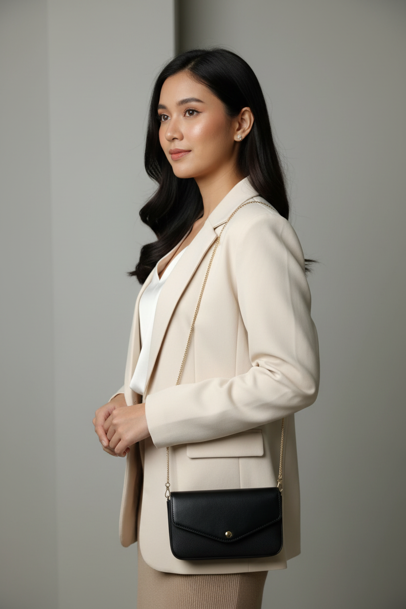 Chrisbella black luxury shoulder bag with gold hardware and matching wallet for women in UAE