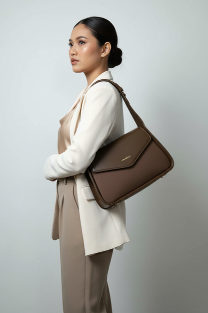 Chrisbella black luxury handbag with gold lock hardware and decorative scarf for women in UAE