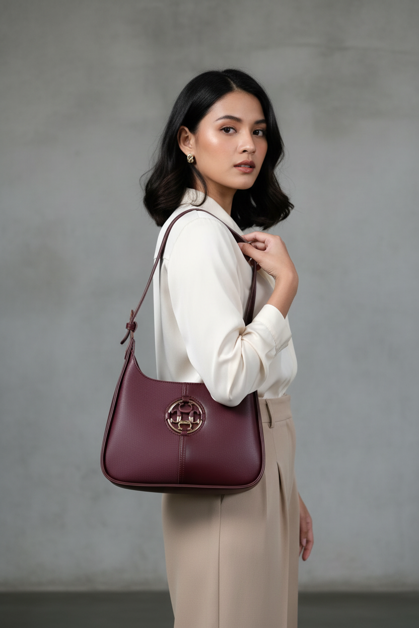 Chrisbella burgundy wine luxury shoulder bag with gold hardware and matching wallet for women in UAE