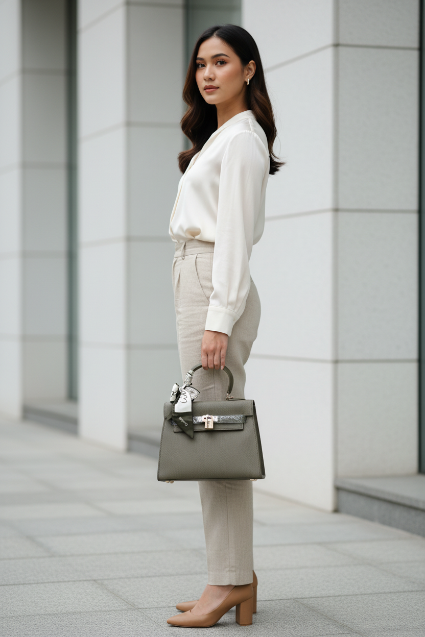 Chrisbella olive green luxury handbag with silver lock hardware and decorative scarf for women in UAE