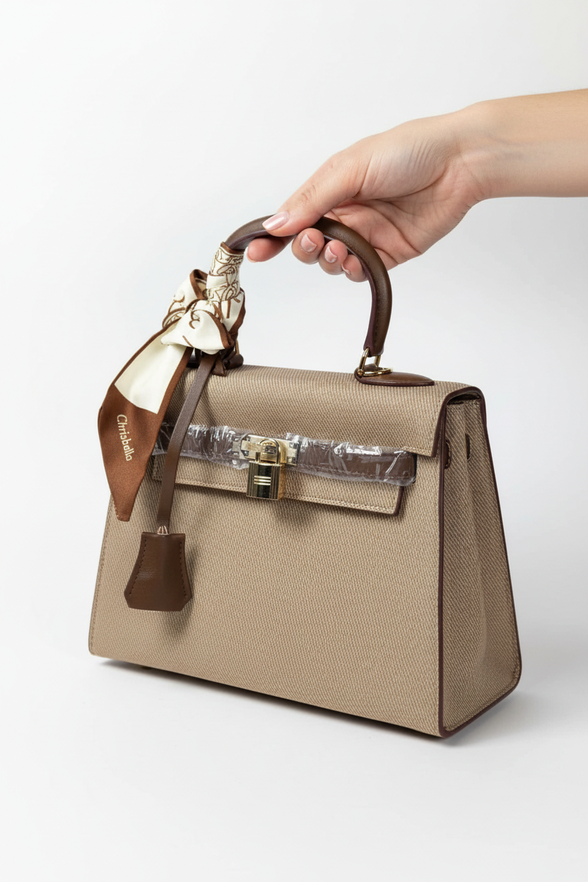 Chrisbella khaki luxury handbag with silver lock hardware and decorative scarf for women in UAE