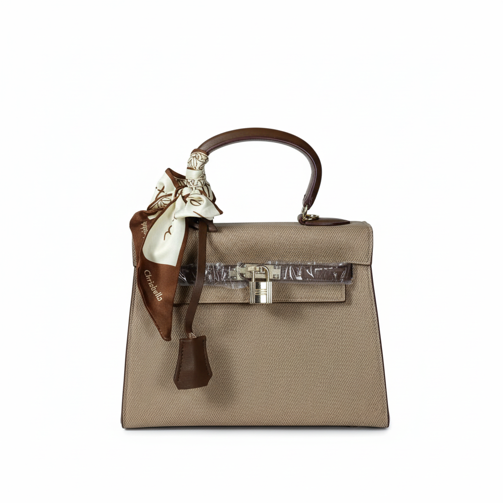 Chrisbella khaki luxury handbag with silver lock hardware and decorative scarf for women in UAE