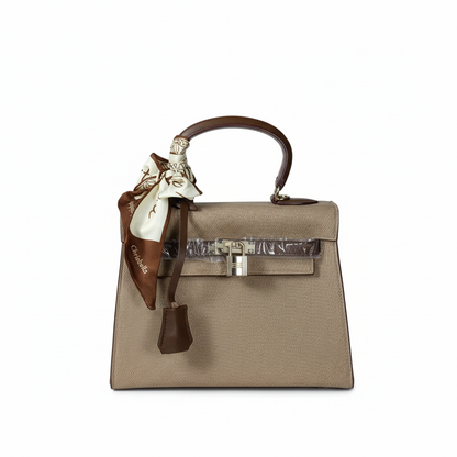 Chrisbella khaki luxury handbag with silver lock hardware and decorative scarf for women in UAE