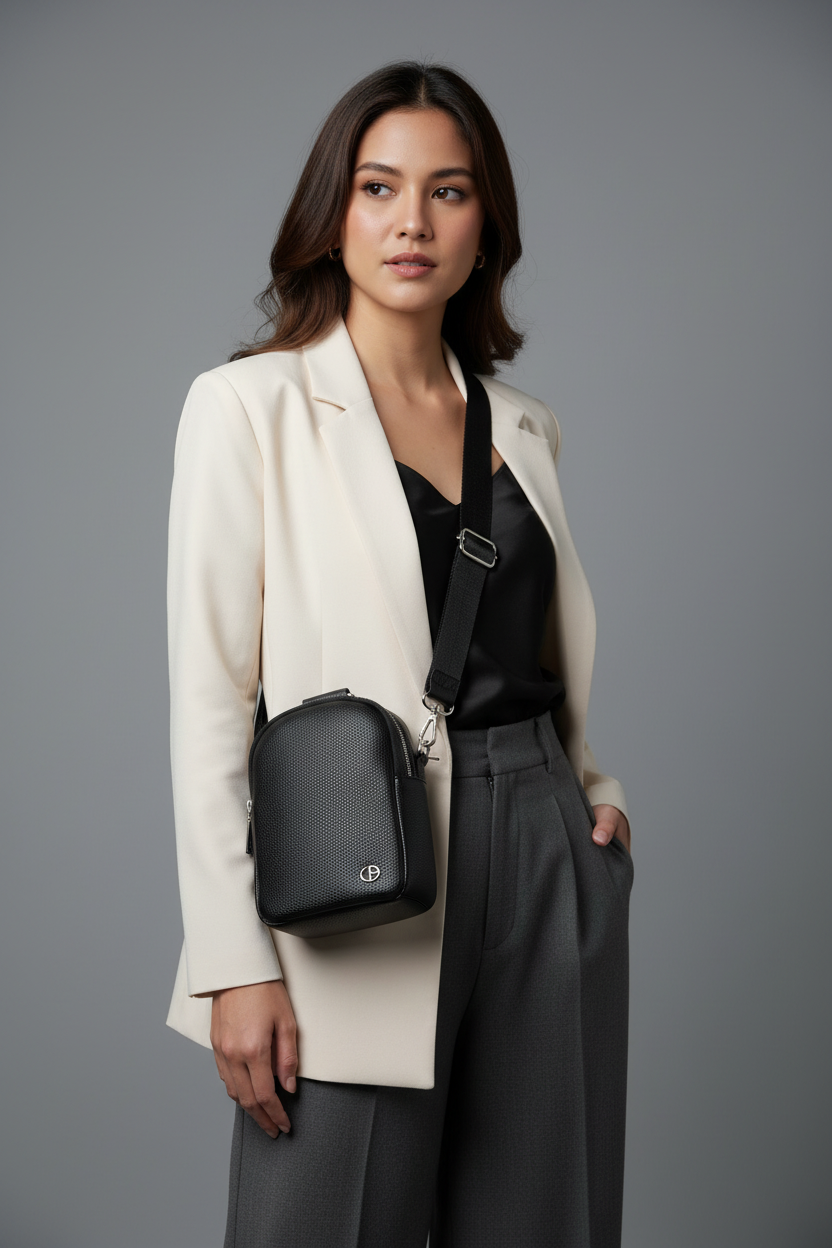 Chrisbella black leather crossbody messenger bag with adjustable strap for women in UAE