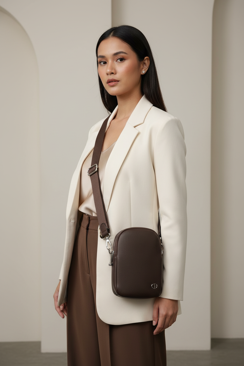 Chrisbella brown leather crossbody messenger bag with adjustable strap for women in UAE
